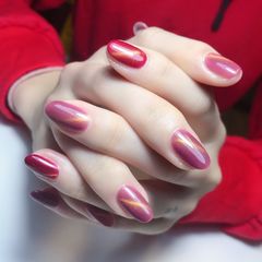 红色新年新娘简约猫眼圆形粉色美甲图片美甲款式
