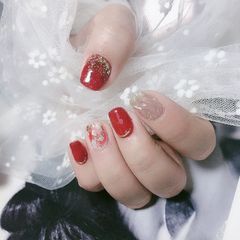 焦糖色红色棕色晕染金箔日式南瓜色水波纹美甲图片美甲款式