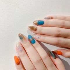 绿色蓝色橙色尖形晕染春天美甲图片美甲款式