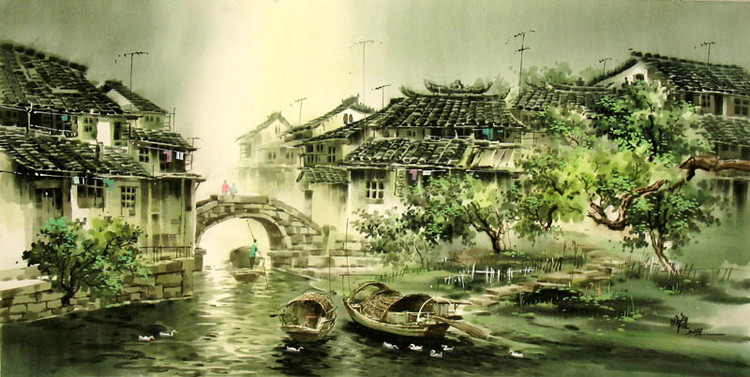 张明康江南风景水彩画