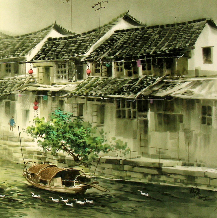 张明康江南风景水彩画