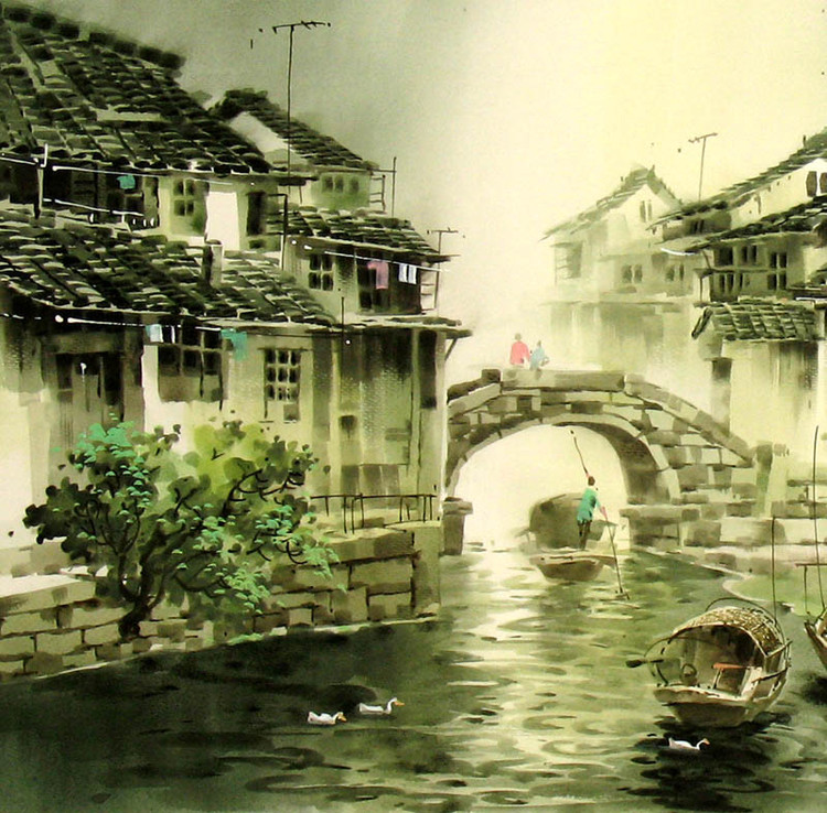 张明康江南风景水彩画