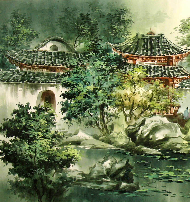 张明康江南风景水彩画