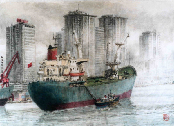 水墨画家黄名纯2009年作品《烟雨漓江》