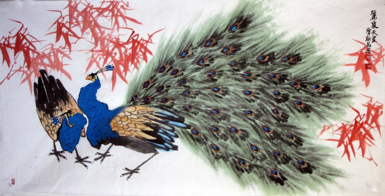 谭翃晶国画孔雀作品