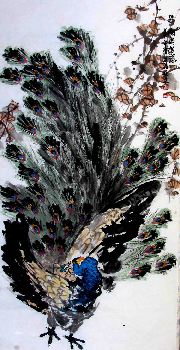 谭翃晶国画孔雀作品