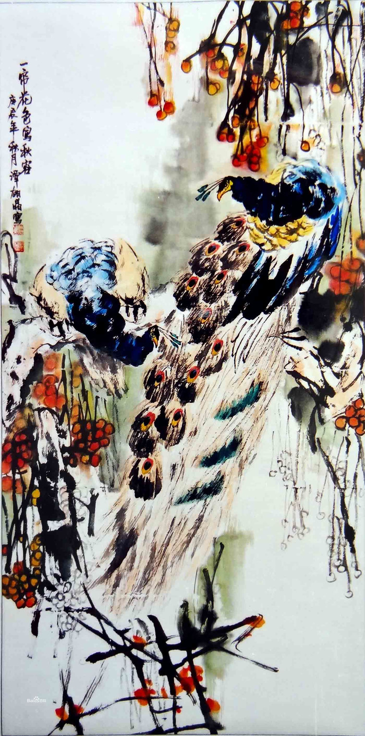 谭翃晶国画孔雀作品