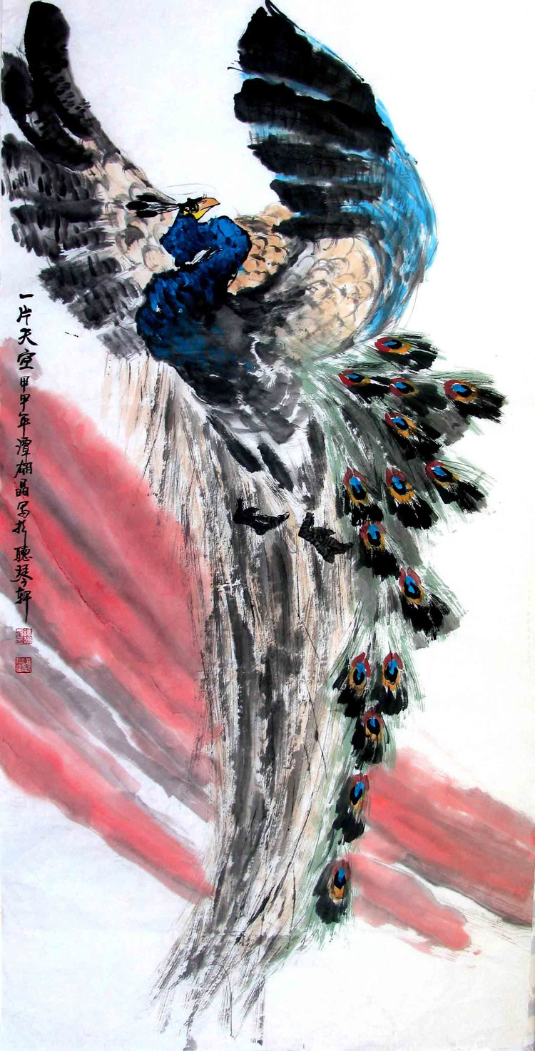 谭翃晶国画孔雀作品