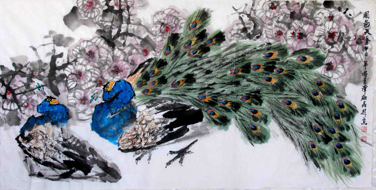 谭翃晶国画孔雀作品