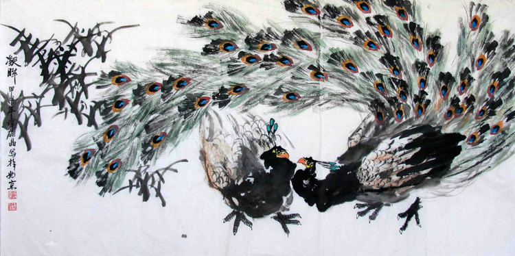谭翃晶国画孔雀作品