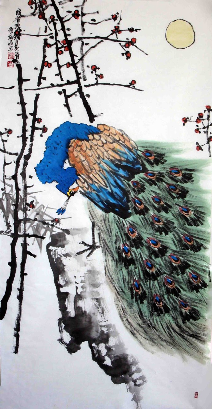 谭翃晶国画孔雀作品