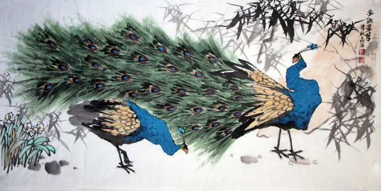谭翃晶国画孔雀作品