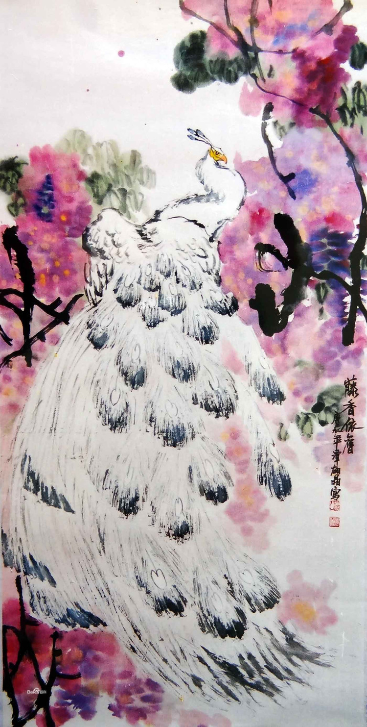 谭翃晶国画孔雀作品