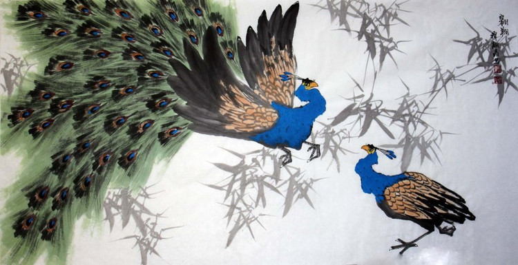 谭翃晶国画孔雀作品