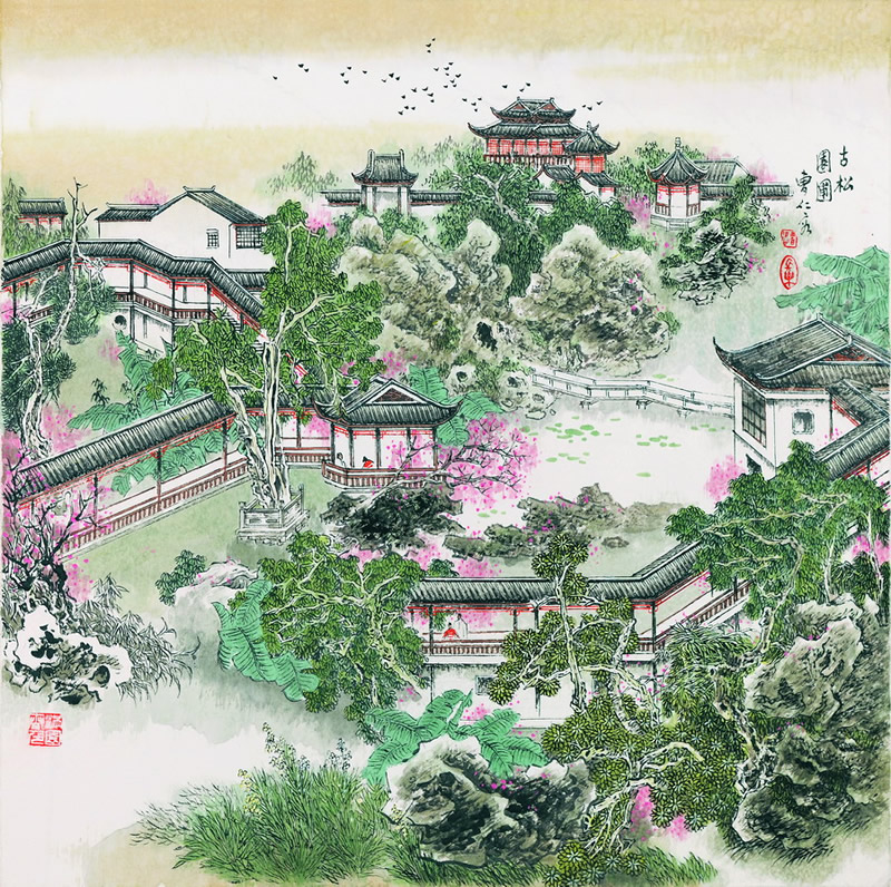 曹仁容国画作品:苏州园林名胜图