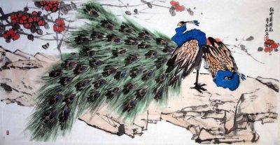 谭翃晶国画孔雀作品