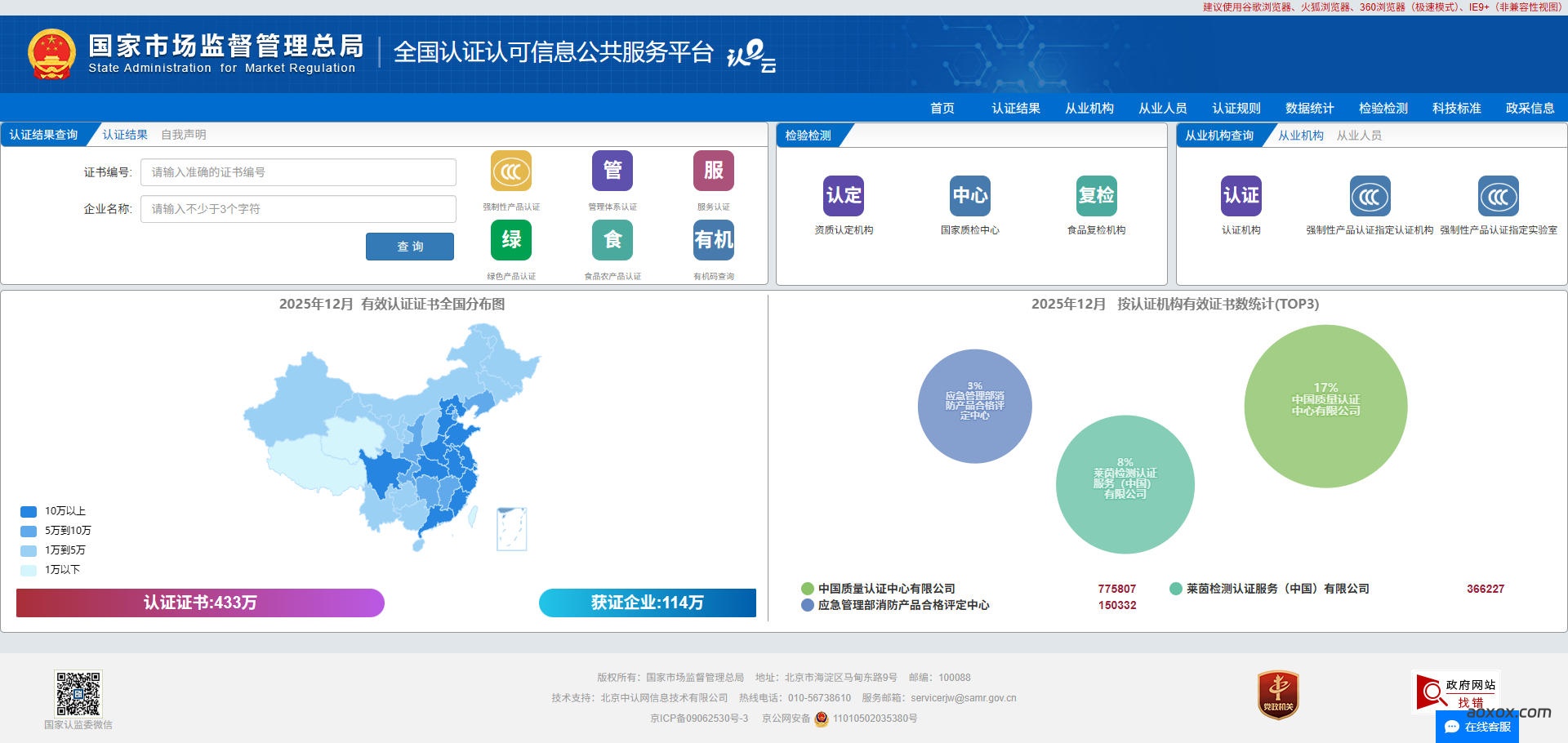 全国认证认可信息公共服务平台官网首页截图
